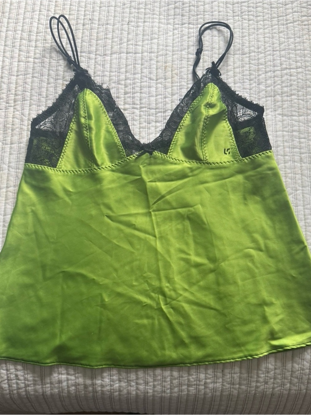 Green la senza satin tank top with black lace trim